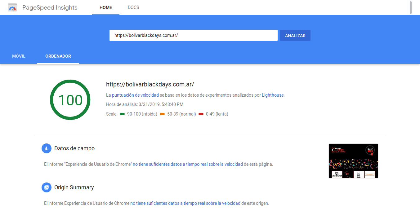 Bolívar Black Days PageSpeed Insights