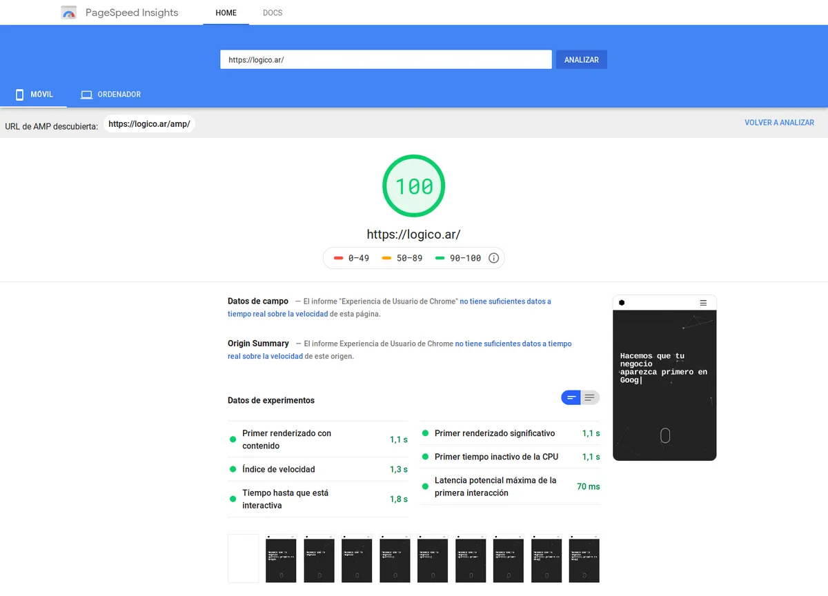 Resultado ideal de PageSpeed Insights