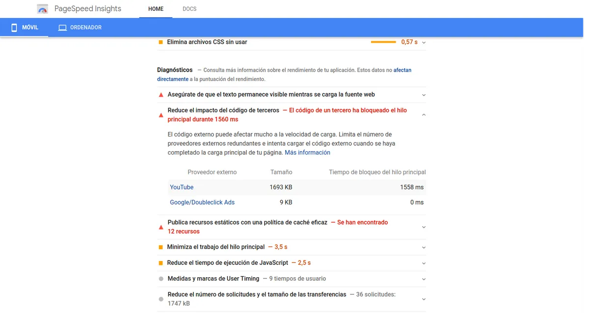 PageSpeed Insights mala performance